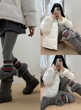 余温序曲2025冬季灰色竖纹连裤袜叠搭复古条纹针织堆堆袜