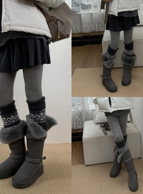 温暖诠释2025冬季高级感Yiss灰色连裤袜叠搭深灰色复古费尔岛袜套