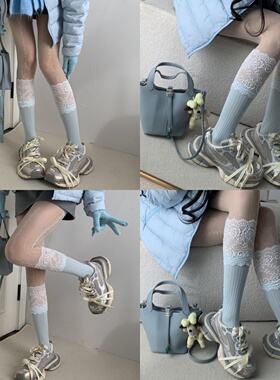 暖冬晨雾~2025新款蕾丝拼接竖纹小腿袜叠搭碎花透肤感连裤袜
