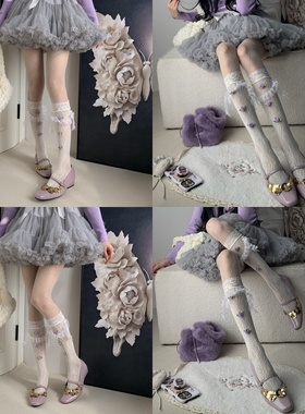 蔷薇低吟早春新品蕾丝飘带花朵白色小腿袜女叠搭菱格细闪连裤袜