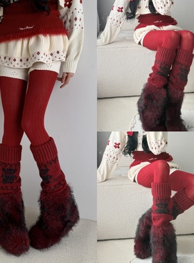 圣诞红运叠穿法则~氛围感竖纹连裤袜叠搭费尔岛红色堆堆袜套