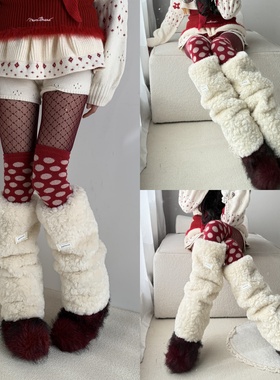 派对穿搭天花板~秋冬学院风米色羊羔毛袜套叠搭红色白波点袜套