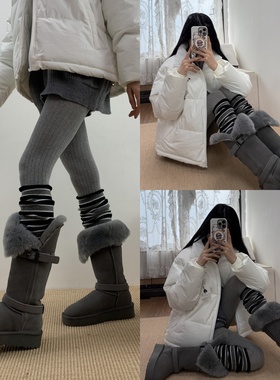 冬日颂歌2025冬季基础款灰色连裤袜叠搭慵懒风针织条纹堆堆袜套