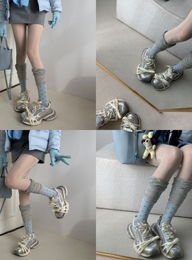 步履协奏2025薄款竖纹蕾丝小花连裤袜叠搭浅蓝色拼接撞色小腿袜