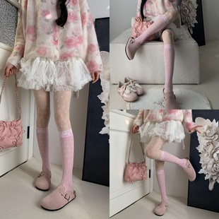 春日私语~芭蕾风蕾丝花边小腿袜叠搭奶白小碎花连裤袜