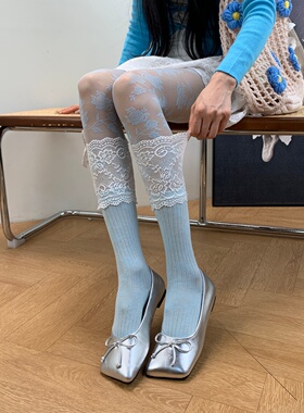 柔绪羁绊2026春季宫廷风蕾丝拼接小腿袜叠穿花卉提花浅蓝色丝袜