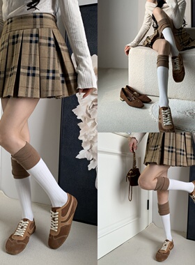 慵懒焦点2026春季新款老钱风极简撞色白咖拼色竖纹小腿袜