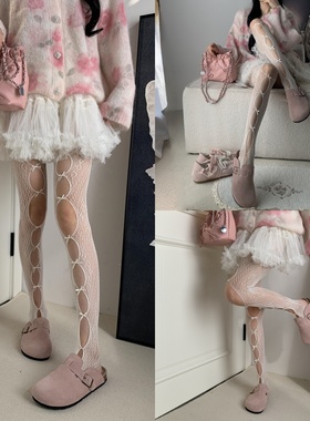 温柔到犯规2026早春氛围感镂空蝴蝶结奶白色连裤袜蕾丝镂空网袜
