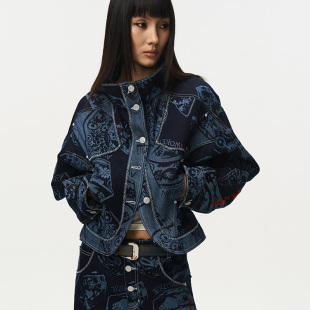 牛仔外套 复古重工宽松翻领牛仔印花短款 AWOKENTIME2025年秋季 新款