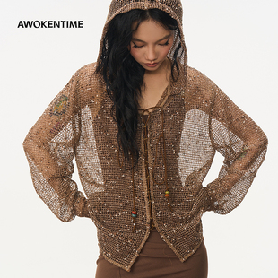 AWOKENTIME 镂空网眼编织雪花点连帽串珠长袖 T恤女针织波嬉风罩衫