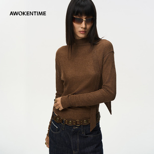 AWOKEN TIME 2025秋冬高领肌理飘带围巾蝙蝠袖显瘦针织打底衫长T