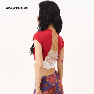 人棉舒适透气后背绑带蕾丝撞色拼接短袖 AWOKENTIME T恤女百搭上衣