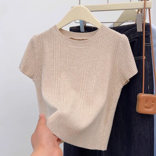 圆领纯色冰丝短袖T恤女夏季