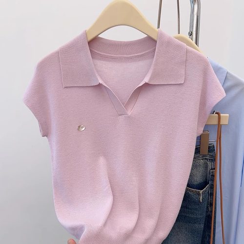 Polo领针织短袖T恤女夏