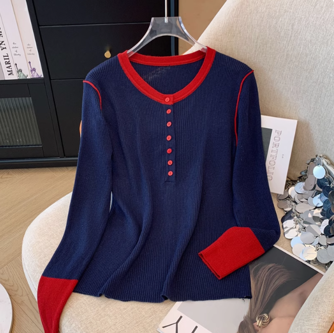 宽松显瘦【80-200斤】圆领撞色针织上衣女冬设计感洋气减龄打底衫,女装/女士精品,大码内搭,淘宝优惠券,粉丝福利购,淘宝优惠卷