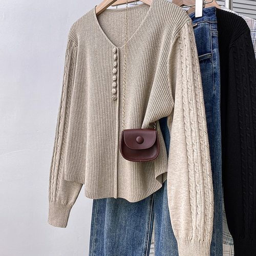 复古V领针织上衣女秋冬