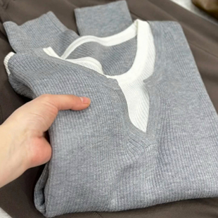 胖mm毛衣假两件针织衫 长袖 女秋季 撞色拼接打底衫 上衣 2025新款 大码