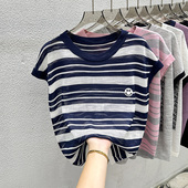 宽松显瘦无袖 大码 上衣 女夏装 撞色刺绣T恤衫 女装 条纹文艺冰丝短袖