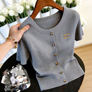 T恤女夏季 小香风圆领冰丝短袖 200斤 气质减龄上衣显瘦小衫