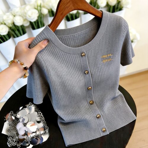 小香风圆领冰丝短袖T恤女夏季