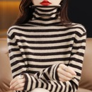女秋冬高级感显瘦保暖毛衣高领上衣 堆堆领条纹打底针织衫 大码 女装