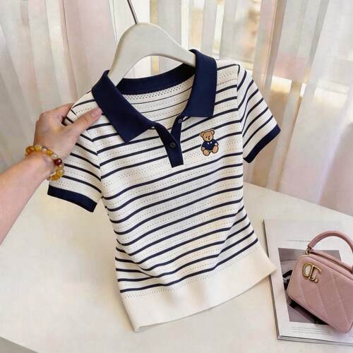 Polo领撞色冰丝短袖T恤女夏