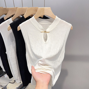 大码女装小性感镂空冰丝针织背心女夏新中式国风遮肚显瘦无袖上衣