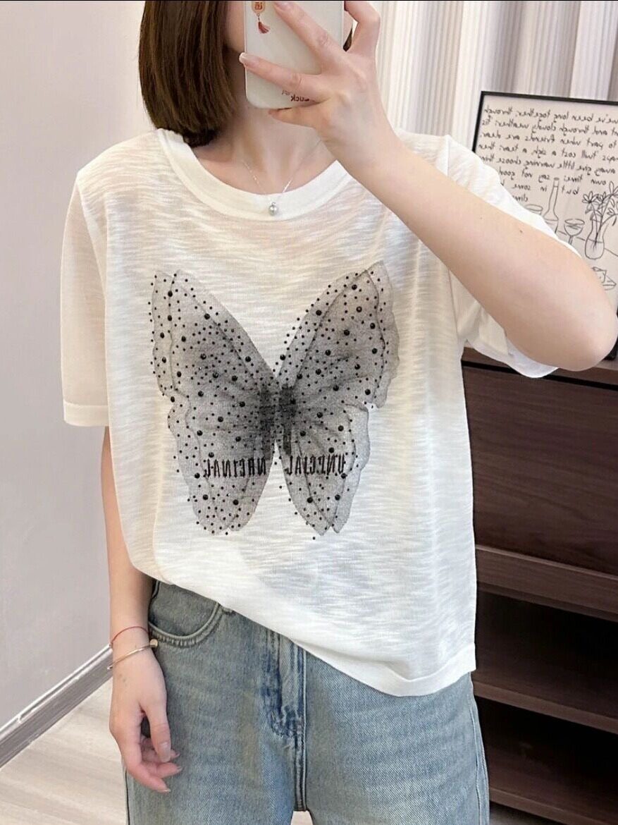 나비 프린트 핫 다이아몬드 라운드 넥 여성용 반팔 티셔츠 여름 새로운 대형 느슨한 배꼽 덮음 트렌디 한 니트 탑