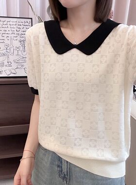 娃娃领棋盘格提花短袖T恤女