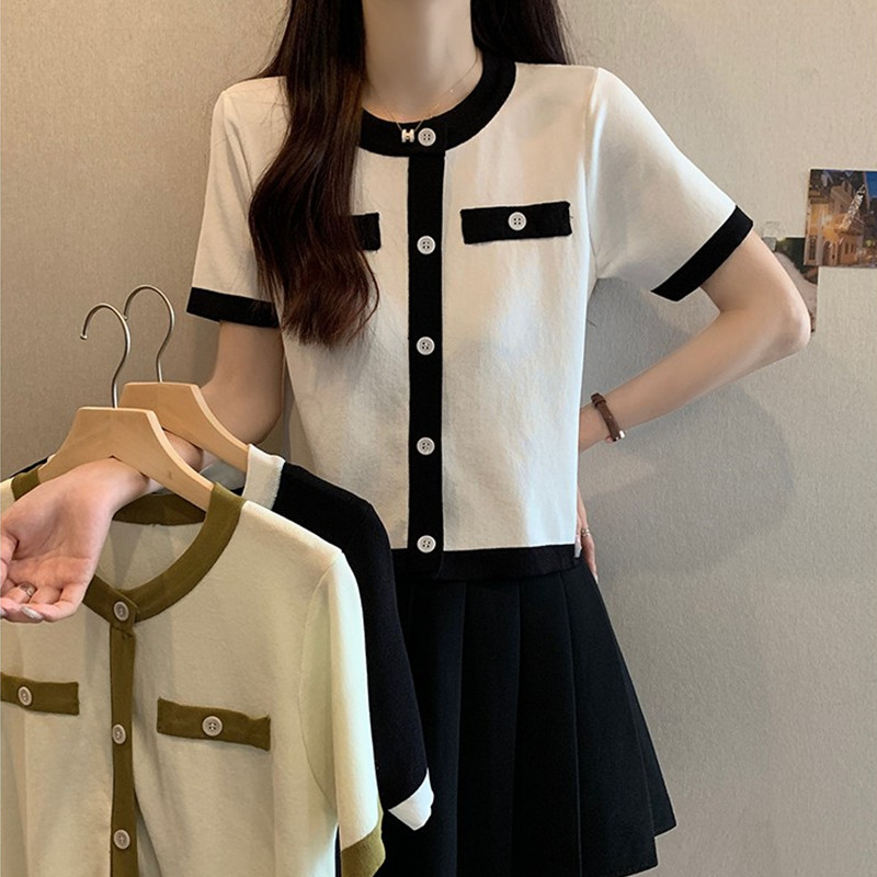 撞色圆领短袖t恤女夏季