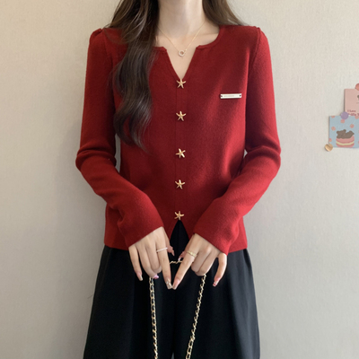 v领红色上衣洋气毛衣女
