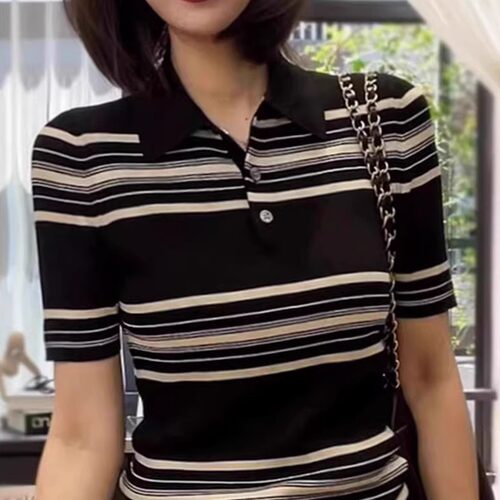 Polo领条纹短袖T恤女夏季
