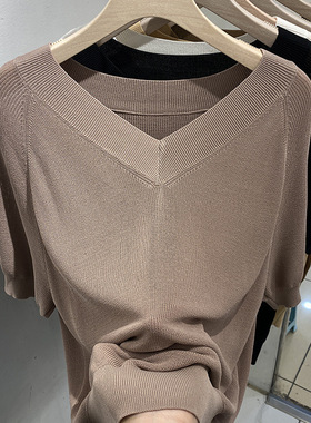 大码女装宽松V领冰麻短袖针织衫女夏装简约休闲百搭纯色上衣薄款