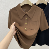 加肥加大码 宽松显瘦洋气翻领上衣 T恤女夏薄款 女装 Polo领冰丝短袖