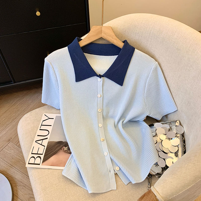 拼色Polo领冰丝短袖T恤女夏开衫