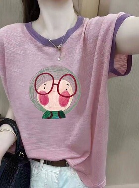 宽松显瘦【80-200斤】印花冰丝短袖T恤女夏洋气减龄圆领上衣薄款