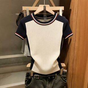 T恤女夏季 撞色条纹短袖 新款 潮流打底衫 显瘦上衣 大码 弹力修身 女装