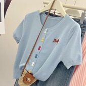 女夏季 200斤 宽松遮肚 蝴蝶结装 饰针织开衫 洋气减龄短袖 上衣