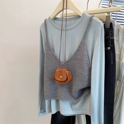 韩系假两件叠穿针织上衣女