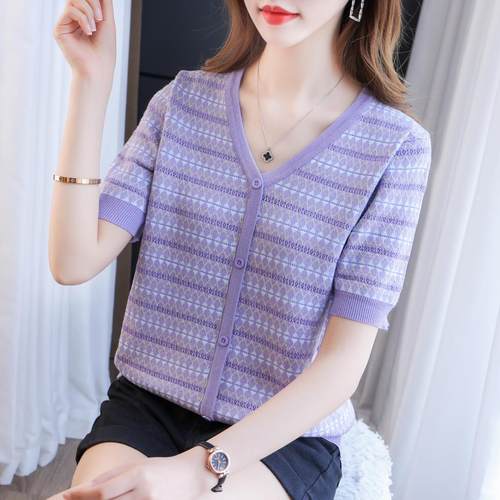 条纹薄款宽松针织假开衫T恤女