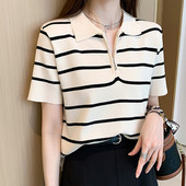女装 Polo领短袖 T恤女2025夏季 大码 新款 洋气翻领条纹冰丝针织上衣