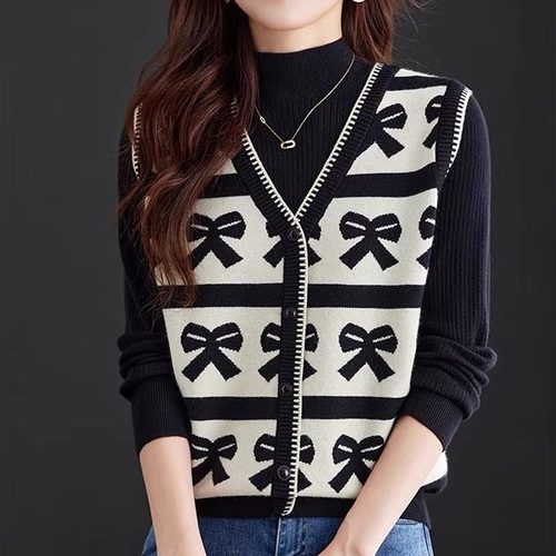 蝴蝶结提花针织打底毛衣