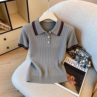 大码 新款 宽松遮肚显瘦气质减龄上衣 T恤女夏季 撞色条纹POLO领短袖