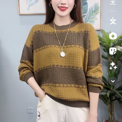 撞色条纹圆领毛衣女冬慵懒风