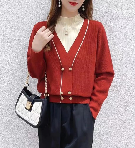 半高领假两件毛衣女冬洋气