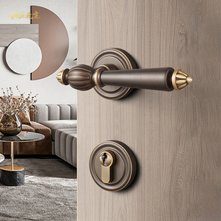 纯黄铜法式门锁室内复古金色卧室静音美欧式房间木门锁全铜门把手