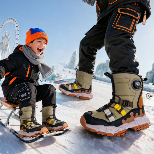 男女童加厚绒雪地靴冰爪防滑棉鞋女童防水旋纽扣鞋冬季短筒雪靴子
