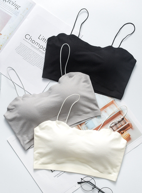 白色纯棉学生少女防走光带胸垫裹胸抹胸内衣打底细吊带背心冰丝短