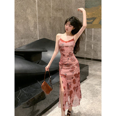 性感一步裙花色褶皱开叉