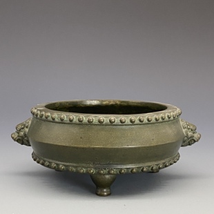 伴庐香堂 陈巧生 狮耳鼓钉三足炉经典铜香炉香薰炉陈设实口径12cm